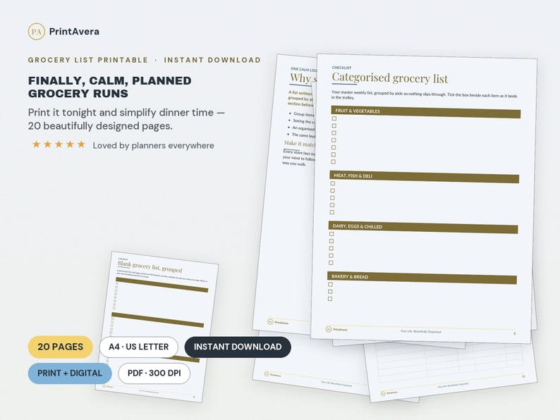 Printable Grocery List Bundle | Aisle-Categorised, Meal Plan (Digital Download) image 1