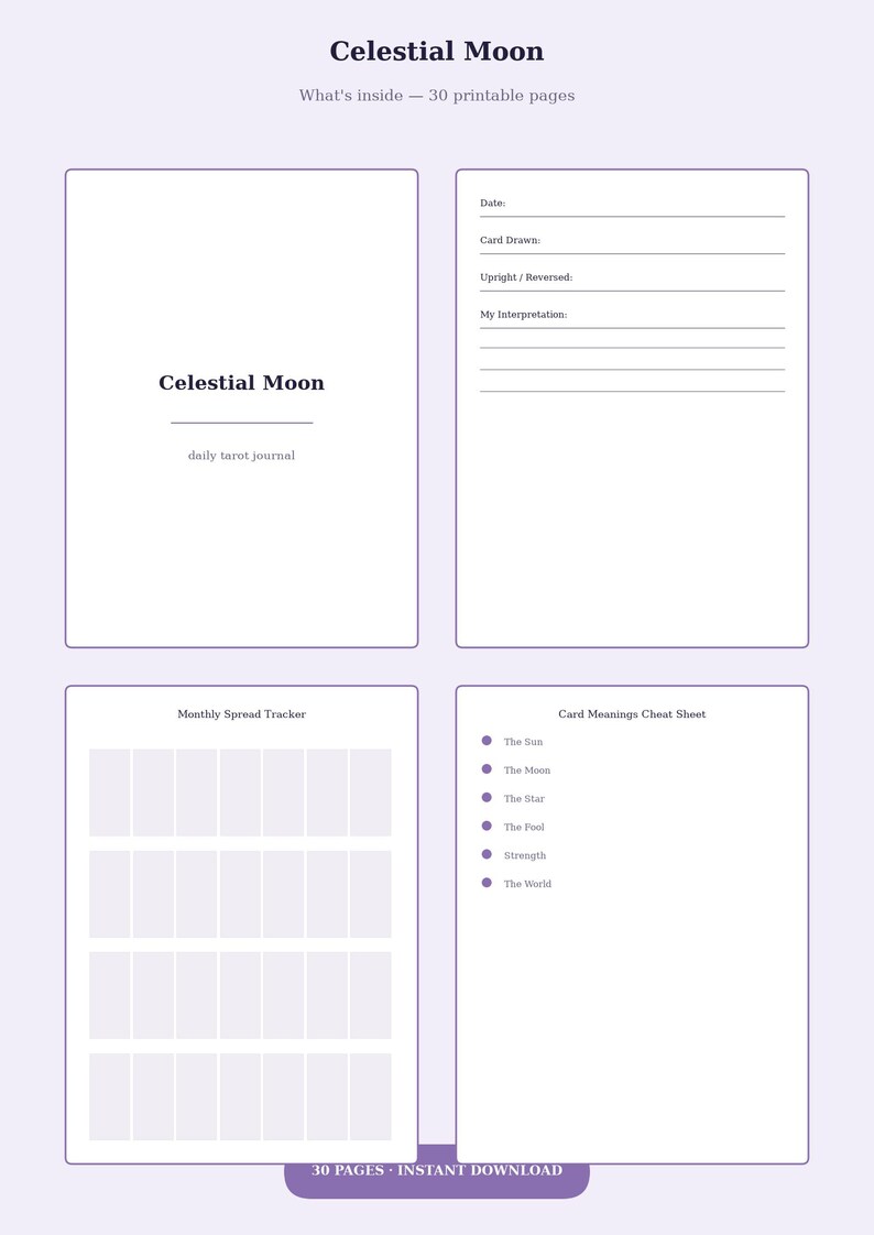 Celestial Moon Daily Tarot Journal Printable PDF, Moon Phase Tracker, Tarot Workbook, Witchy Planner, Spiritual Journal Pages image 2