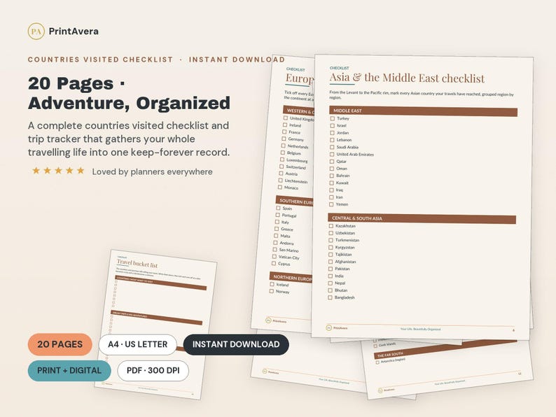 Countries Visited Checklist | Travel Tracker, Trip Log (PDF Download) image 1