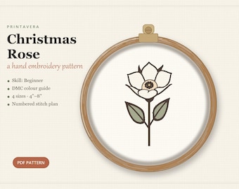 Christmas Rose Embroidery Pattern PDF, Hellebore Winter Botanical Hand Embroidery, Numbered Stitch Plan, Beginner Friendly, Instant Download