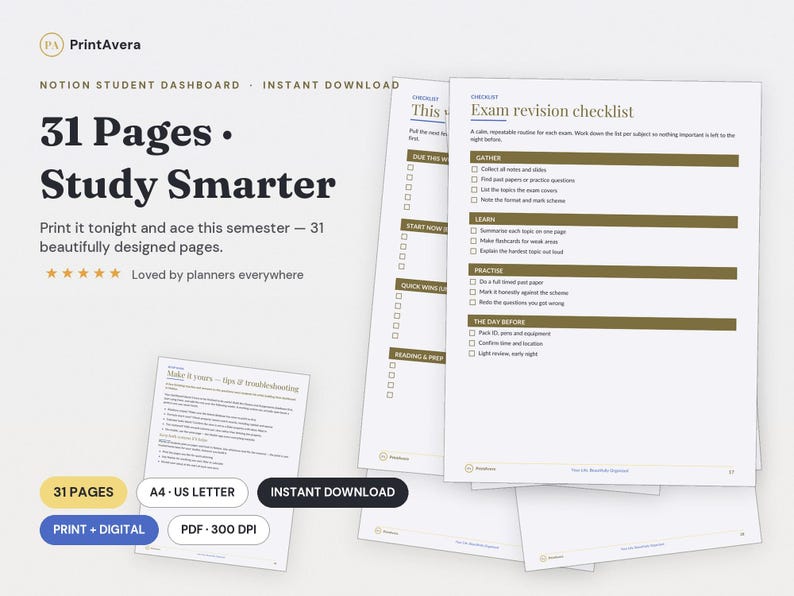 Notion Student Dashboard Planner | Installatiehandleiding, PDF (A4/US Letter) afbeelding 1