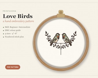 Love Birds Embroidery Pattern, Folk Art Hoop Art (PDF Download)