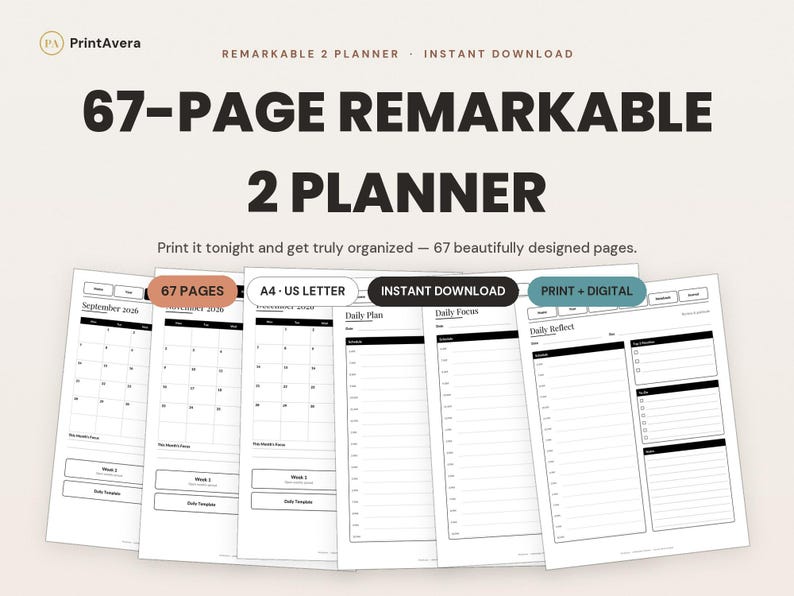 reMarkable 2 Planner | 67-Page Digital PDF, Daily Weekly Monthly (Instant Download) image 1
