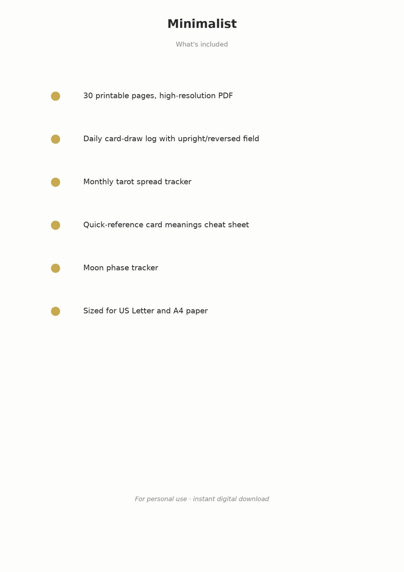 Minimalistisch dagelijks tarotdagboek (printbaar pdf), eenvoudig tarotwerkboek, spiekbriefje met kaartbetekenissen, pagina's voor het bijhouden van de maanfasen afbeelding 4