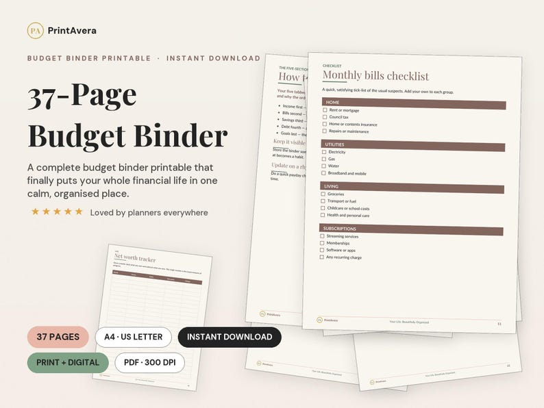 37-Page Budget Binder Printable | Finance Planner, Expense Tracker (PDF Download) image 1
