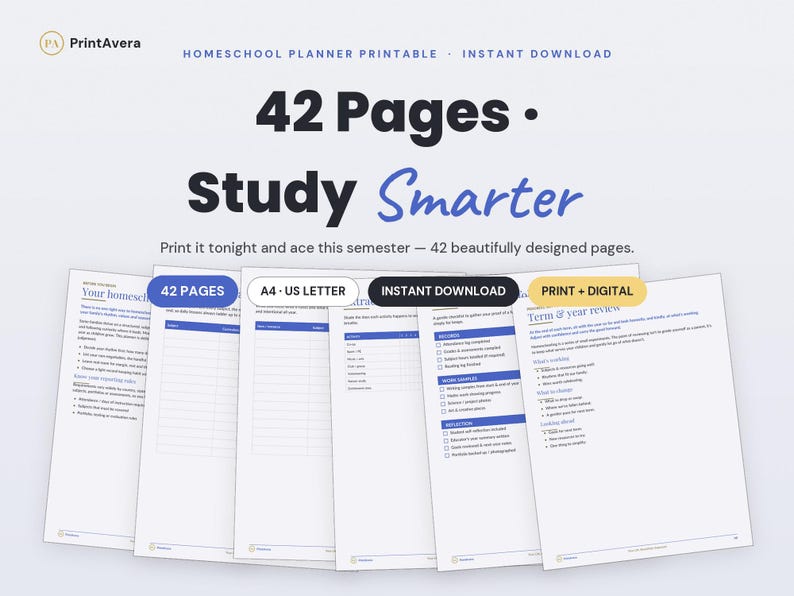 Homeschool Planner Printable | Student, College, ADHD Study Organizer (PDF Download) image 1