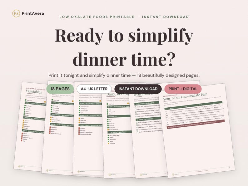 Low Oxalate Foods Printable Guide | Kidney Stone Diet Meal Plan (PDF Download) image 1