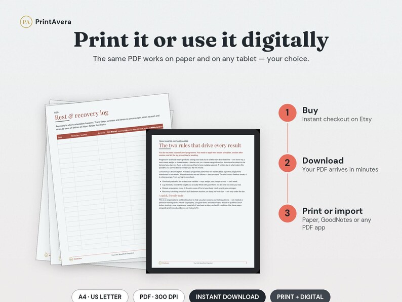 Workout Log Printable | Fitness Tracker, Strength, Cardio, Recovery (PDF Download) image 4