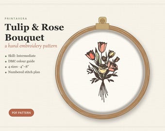 Tulip Rose Bouquet Embroidery Pattern, Spring Floral Hand Stitch Guide (PDF Download)