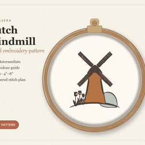 Dutch Windmill Embroidery Pattern, Folk Landscape Tulips (PDF Download)