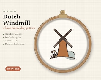 Dutch Windmill Embroidery Pattern, Folk Landscape Tulips (PDF Download)