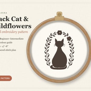 Borduurpatroon van een zwarte kat met wilde bloemen, speels kunstwerk voor kattenliefhebbers (PDF)