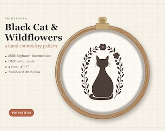 Black Cat Wildflower Embroidery Pattern, Whimsical Cat Lover Hoop Art (PDF)