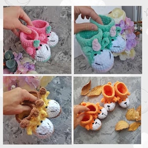 Bundel met haakpatronen voor babyschoentjes met dierenmotieven, eenhoorn-, giraffe- en vossenslofjes (PDF), schoentjes voor pasgeborenen, direct digitaal te downloaden.