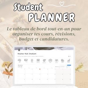 Peut inclure: Un planificateur étudiant numérique affiché sur un écran d'ordinateur portable, avec le texte Student PLANNER et Le tableau de bord tout-en-un pour organiser tes cours, révisions, budget et candidatures, incluant un calendrier.
