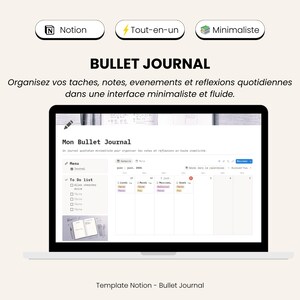 Peut inclure: Un modèle numérique Notion pour un bullet journal affiché sur un écran d'ordinateur portable. L'interface comprend un menu, une liste de tâches et un calendrier hebdomadaire avec des tâches colorées. Texte : Notion, Tout-en-un, Minimaliste, Bullet Journal.