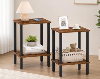 Rustic End Table Set of 2, Farmhouse Side Table with Storage Shelf, Bedside Nightstand, Industrial Accent Table for Living Room Bedroom