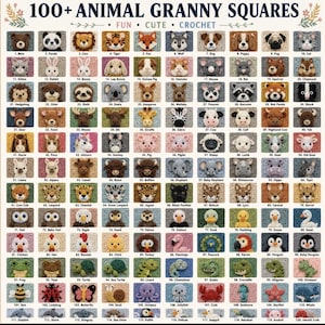 Może przedstawiać: Siatka 120 szydełkowych kwadratów typu granny square, z których każdy przedstawia inne stworzenie, takie jak niedźwiedź, panda, lew lub wieloryb. Tekst na górze brzmi 100+ ANIMAL GRANNY SQUARES FUN CUTE CROCHET. Każdy kwadrat jest ponumerowany.