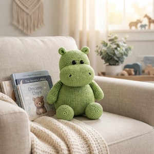 May include: A light green crocheted hippopotamus stuffed animal with black button eyes and a rounded body. Next to the toy are three children's books titled Little Acorn's Journey, The Moon's Lullaby, and Dreamy Days, featuring a bear illustration.