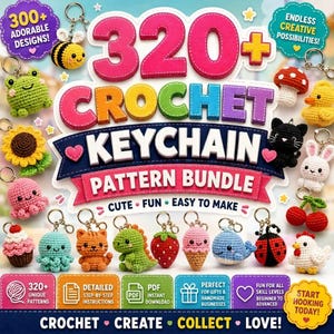 Könnte beinhalten: Ein digitales Musterpaket mit dem Titel 320+ Crochet Keychain Pattern Bundle, das farbenfrohen Text und Illustrationen verschiedener gehäkelter Schlüsselanhänger zeigt, darunter eine Biene, ein Frosch, eine Sonnenblume, ein Oktopus, ein Cupcake, eine Katze, ein Dinosaurier, eine Erdbeere, ein Eis, ein Wal, ein Marienkäfer und ein Huhn.