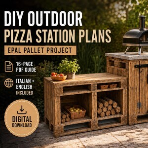 May include: A digital download guide for DIY outdoor pizza station plans using EPAL pallets. The image shows a wooden workstation with a black pizza oven on top, storage shelves for firewood and produce, and a cabinet with hanging metal tools.