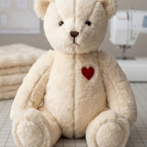 May include: A cream-coloured plush teddy bear with a soft, fuzzy texture, featuring a small, embroidered red heart on its chest, a dark brown stitched nose, and dark eyes. The text at the bottom reads: Vector Pattern layout optimized for SVG / PDF export & Inkscape scaling.