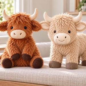 May include: Two plush highland cow toys. One is dark brown and sitting, while the other is light beige and standing. Both feature soft, shaggy fur, cream-colored horns, dark brown hooves, and embroidered facial features with black eyes.