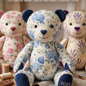 May include: A sewing pattern and assembly guide for a 50 cm (20 inch) memory bear. The image displays three stuffed bears with floral patterns in pink, blue, and yellow, featuring dark blue accents and the year 2024 embroidered on a foot.