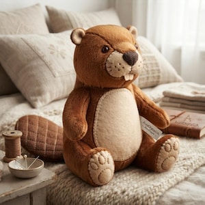 May include: A brown plush beaver toy with a cream-colored belly patch, dark brown nose, and two visible front teeth. The toy features a quilted-texture tail, stitched paw details, and a small white fabric tag labeled AuraDigitalUA.