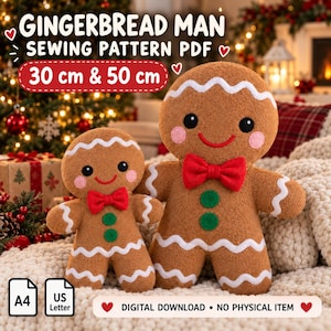 Puede incluir: Un patrón de costura digital para un muñeco de jengibre de peluche en tamaños de 30 cm y 50 cm. La imagen muestra dos muñecos marrones con glaseado blanco, pajaritas rojas, botones verdes y mejillas rosas. Texto: GINGERBREAD MAN SEWING PATTERN PDF, A4, US Letter, DIGITAL DOWNLOAD.