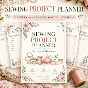 Könnte beinhalten: Ein digitaler Nähprojektplaner mit 10 Seiten in A4 und US Letter Format. Das Deckblatt zeigt den Text Sewing Project Planner, Checklists & Worksheets sowie Illustrationen von einer Vintage-Schere, einer Garnrolle und einem Nadelkissen.