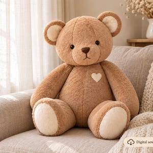 Naaipatroon voor een teddybeer (PDF), 4 maten: 30, 50, 70 en 100 cm, klassieke knuffelbeer