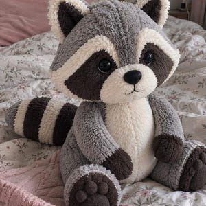 Op de afbeelding: Een pluche wasbeerknuffel gemaakt van getextureerd grijs, wit en donkerbruin garen. Het knuffeldier heeft grote zwarte ogen, een zwarte neus, puntige oren met een witte rand en een gestreepte staart. Het heeft donkerbruine pootjes en een witte buik.