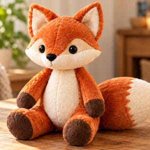 May include: A plush fox toy with orange and cream-colored fur, featuring large black eyes, a small black nose, and dark brown paws. The stuffed animal has a bushy tail with a cream-colored tip and is seated in an upright position on a surface.