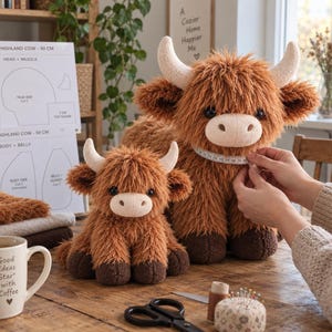 Pode incluir: Dois peluches de vaca Highland com pelo castanho felpudo, chifres cor de creme e cascos castanho-escuros. Uma fita métrica branca está enrolada no pescoço da vaca maior. Moldes de costura com a etiqueta Highland Cow 50 cm estão visíveis.