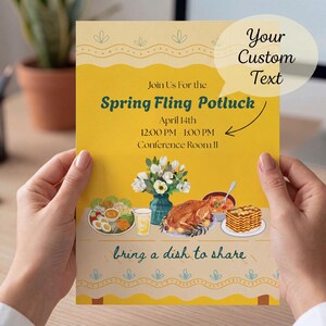 Op de afbeelding: Een gele flyer voor een Spring Fling Potluck op 14 april van 12:00 tot 13:00 uur in conferentieruimte II. De flyer bevat illustraties van een boeket, een gebraden kip, een salade en lasagne, met de tekst Your Custom Text.