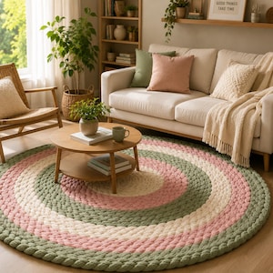 Hand Woven Wool Durrie Rug, Round Boho Rug, Handmade Wool Carpet, Sage Green Pink Cream Rug, Nursery Decor