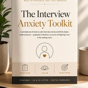 Op de afbeelding: Een wit document getiteld The Interview Anxiety Toolkit met gouden en zwarte tekst. Het bevat een centraal icoon van een persoon met een hart, en drie onderste iconen met de labels Prepare, Calm en Perform. Het vermeldt A4 en US Letter.