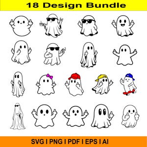 Może przedstawiać: Cyfrowa kolekcja zatytułowana 18 Design Bundle zawierająca osiemnaście czarno-białych ilustracji duchów. Każdy duch jest przedstawiony z różnymi akcesoriami, takimi jak okulary przeciwsłoneczne, czapki lub deskorolka, wykonując gest środkowego palca.