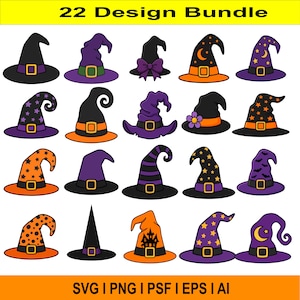 May include: A digital collection of 22 witch hat illustrations labeled 22 Design Bundle. The hats feature various designs including solid colors, stars, moons, bats, stripes, and polka dots in orange, purple, black, and yellow with buckle details.
