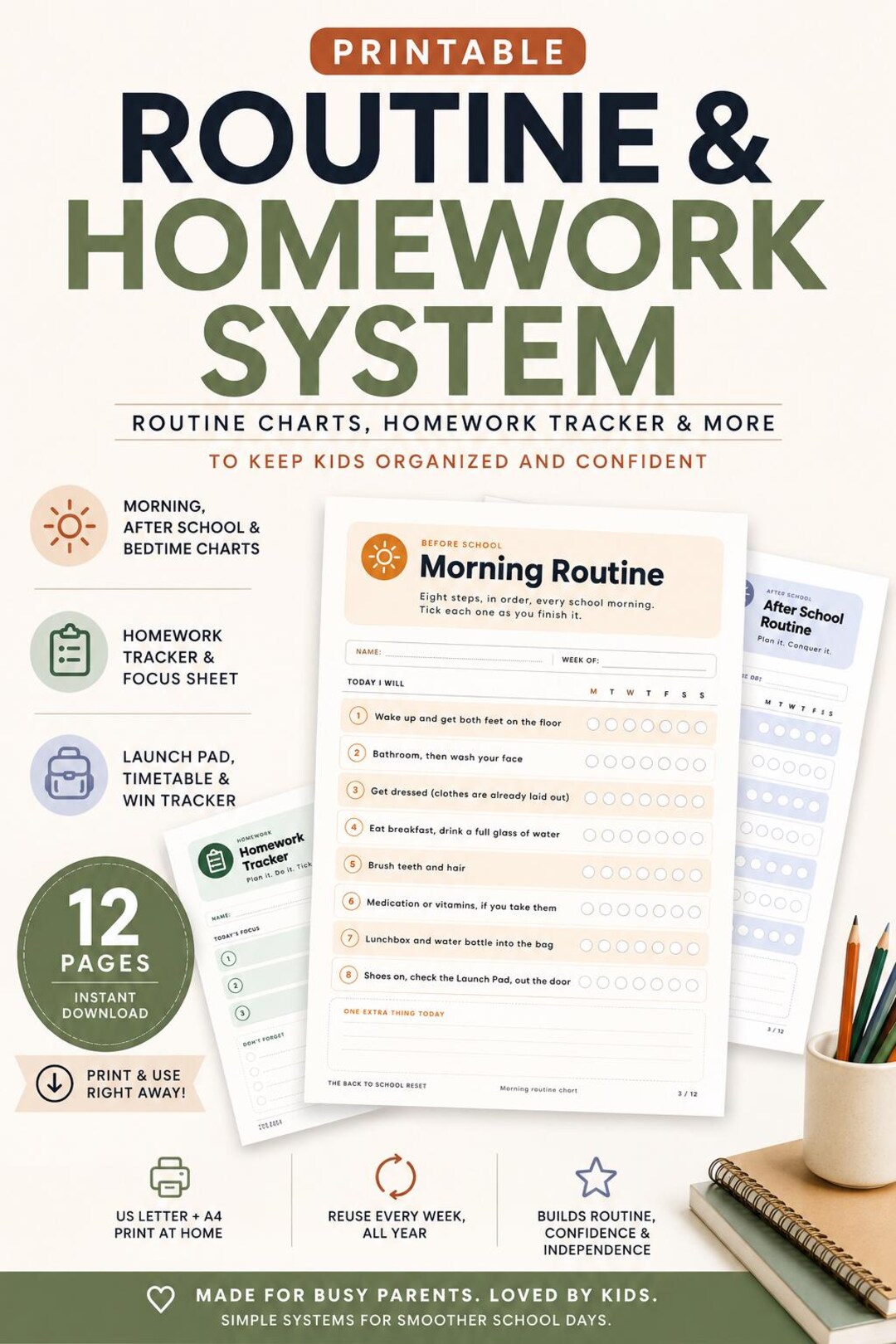 Kids Routine Chart | Morning, After School, Bedtime Visual Schedule ...