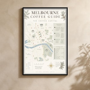 May include: A framed wall art print titled Melbourne Coffee Guide: The Coffee Capital. The poster features a detailed map of Melbourne with marked coffee locations, a legend, a compass rose, and lists of featured cafes and iconic laneways.