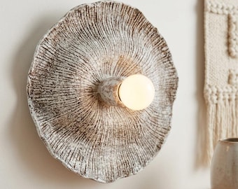Handmade Paper Clay Mushroom Sconce, Wabi Sabi Wall Light, Organic Textured Lamp