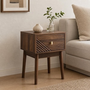 Fluted Wood Nightstand, Walnut Finish Bedside Table with Gold-Tone Knob, Compact Bedroom End Table