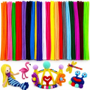 May include: A collection of multi-colored pipe cleaners arranged in a vertical row, accompanied by several craft figures made from pipe cleaners, including a mermaid, a flamingo, a crown, a dragonfly, and a small creature with googly eyes.