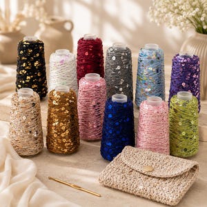 Filato di cotone con paillettes, 50 grammi - Filato per lavori a maglia con paillettes di diverse dimensioni (per borse, abbigliamento, cappelli)