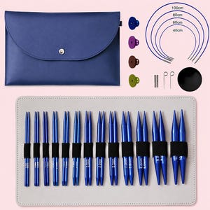 May include: A set of blue interchangeable knitting needles with a light gray roll-up storage case, a dark blue envelope pouch, four circular cables labeled 40cm, 60cm, 80cm, and 100cm, four end caps, two cable connectors, two tightening pins, and a black disc.