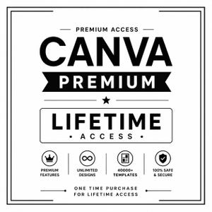 Può includere: Un design grafico in bianco e nero con il testo PREMIUM ACCESS CANVA PREMIUM LIFETIME ACCESS. Include icone per funzionalità premium, design illimitati, 40000+ modelli e 100% sicuro, con il testo ONE TIME PURCHASE FOR LIFETIME ACCESS.
