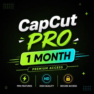 Puede incluir: Un gráfico digital para CapCut Pro con el texto CapCut PRO 1 MONTH PREMIUM ACCESS. El diseño incluye iconos para funciones pro con un rayo, alta calidad con HD y acceso seguro con un candado sobre un fondo de color negro.