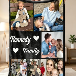 Anpassad familjefotofilt collage, personlig bildfilt med text för föräldrar, minnespresent till familjen, mjuk fleecefilt